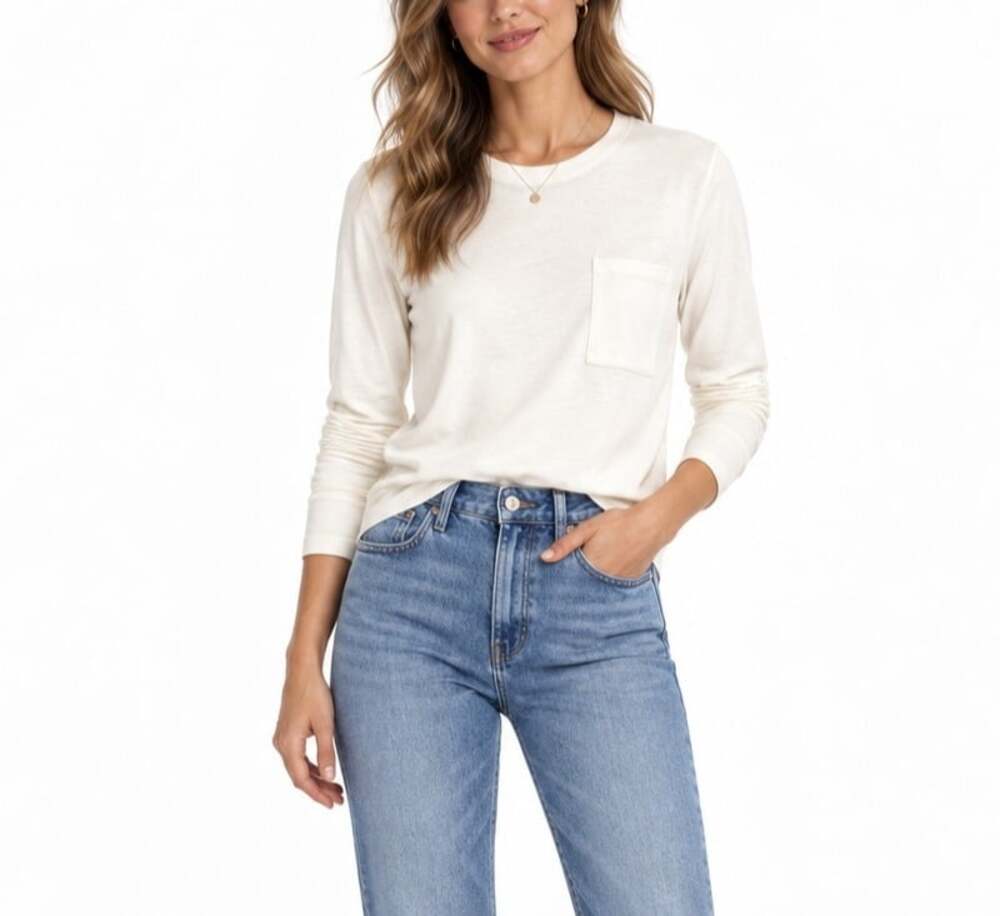 J.Crew Women's White Cotton Long Sleeve Pocket T-Shirt Capsule Wardrobe (Size XS
